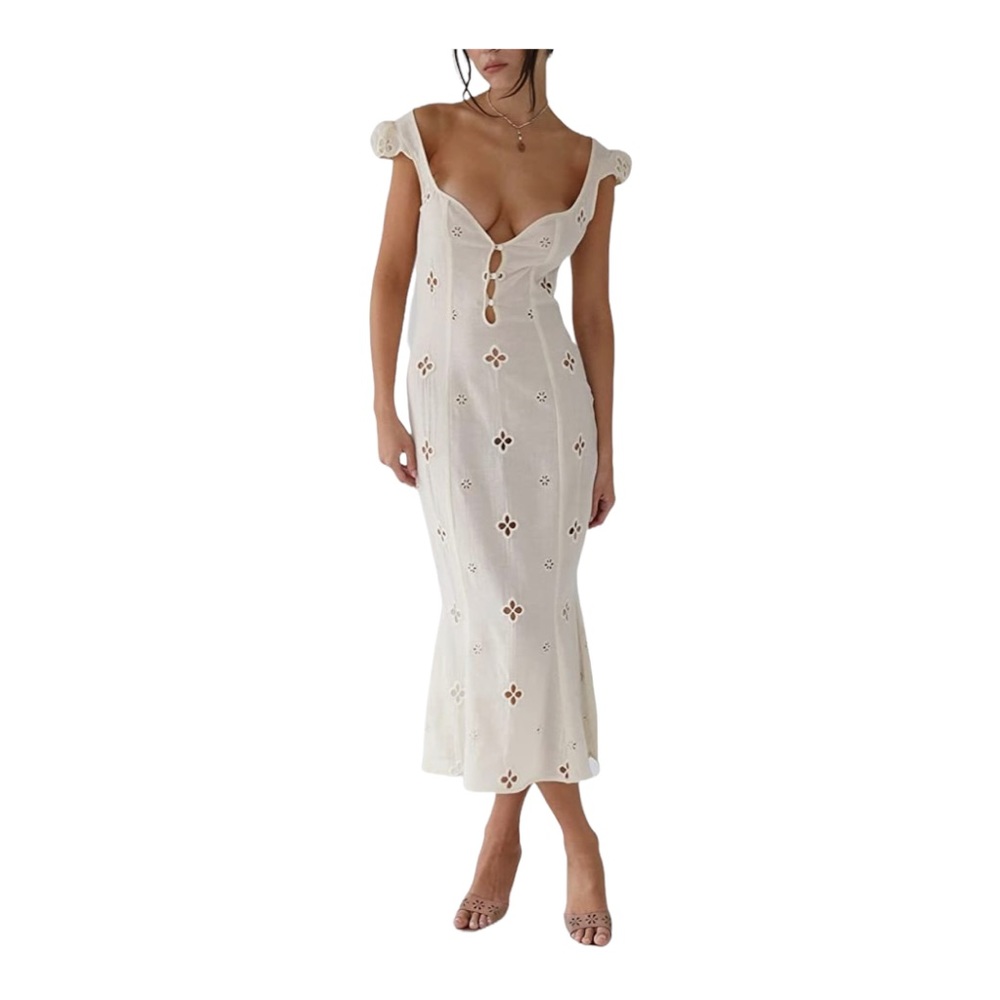 Hollow Out Flower White Cap Sleeve Midi Dress
